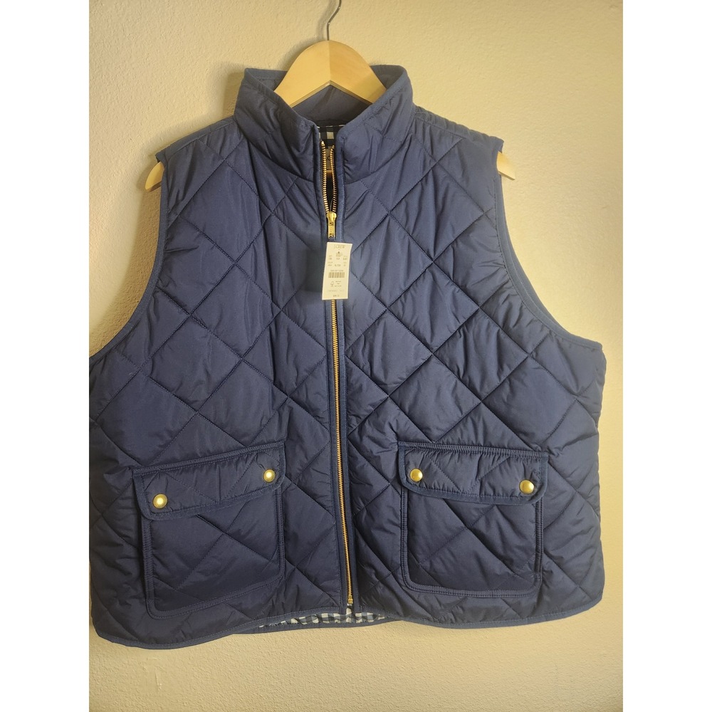 J.Crew Womens 3X Navy Blue Quilted Vest Gingham Lined Full Zip Pockets BJ901 NEW